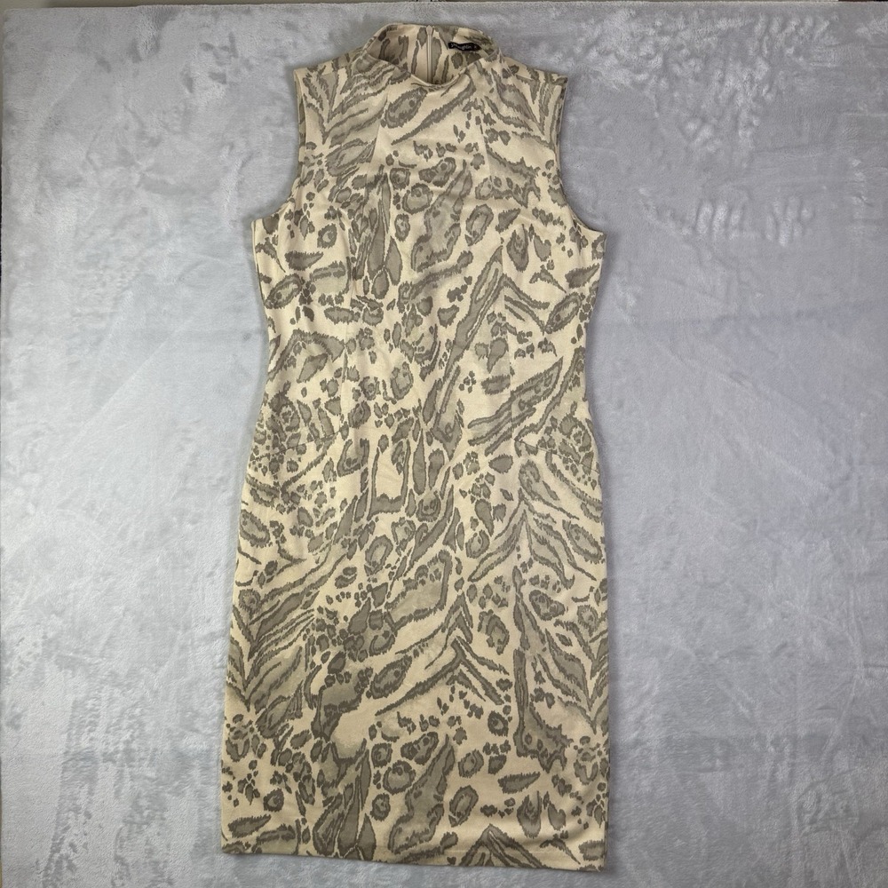 J McLaughlin Mini Dress Leopard Print Medium Tan‎ Faux Suede Sheath Funnel Neck